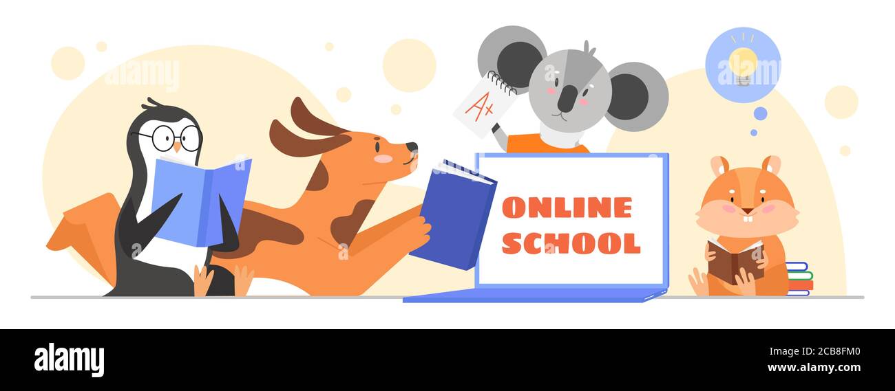 Tiere Studie in Online-Schule Klassenzimmer Vektor-Illustration. Cartoon Wohnung Pinguin Hund Koala Biber Schüler Charaktere Studieren, Buch oder Lehrbuch in animalistischen Klassenkurs isoliert auf weiß Stock Vektor Tiere Studie in Online-Schule Klassenzimmer Vektor-Illustration. Cartoon Wohnung Pinguin Hund Koala Biber Schüler Charaktere Studieren, Buch oder Lehrbuch in animalistischen Klassenkurs isoliert auf weiß Stock Vektor