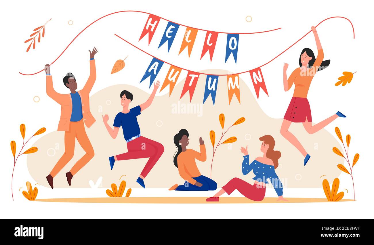 Vektor-Illustration für Herbstfeiern. Cartoon Wohnung Mann Frau junge aufgeregt Charaktere mit Flaggen Hallo Herbst Text, glücklich Freund Menschen feiern Beginn der Herbstsaison isoliert auf weiß Stock Vektor