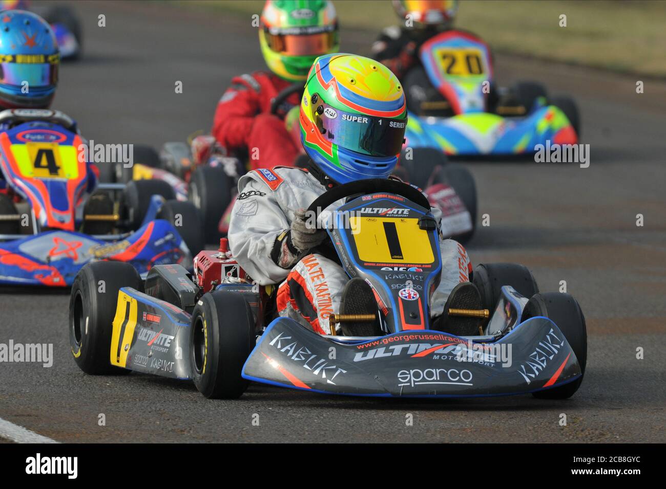 Williams F1-Pilot George Russell in seiner frühen Cadet Karting-Karriere. Stockfoto