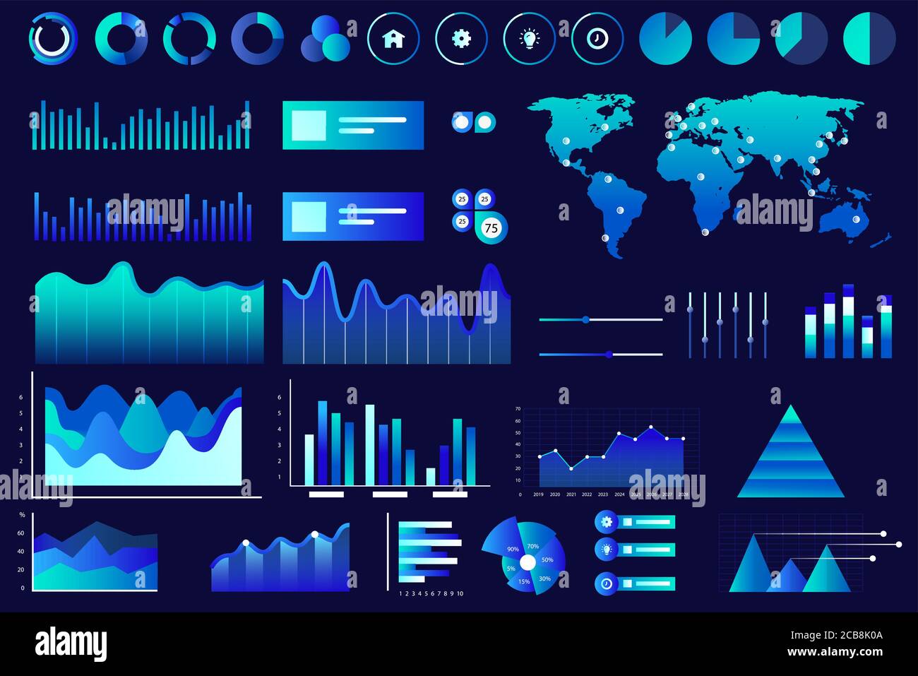 Bildschirm mit verschiedenen Vektorgrafiken, Diagrammen und Diagrammen. Blaue Neon-Farbe futuristische ui-Infografiken auf dunklem Hintergrund. High-Tech-Panel, interaktive Grafik Vektor Illustration Stock Vektor