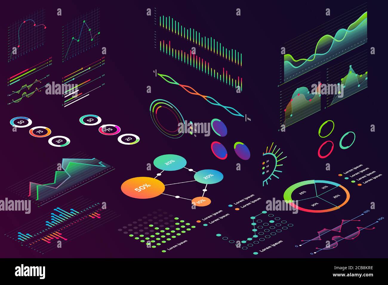 Isometrische moderne Neon-Farbe Stil Daten Finanzgrafik, Business-Finanz-Charts für Infografik. Kurven zeichnen Daten, 2d und volumetrische Diagramm Statistiken isoliert. Stock Vektor