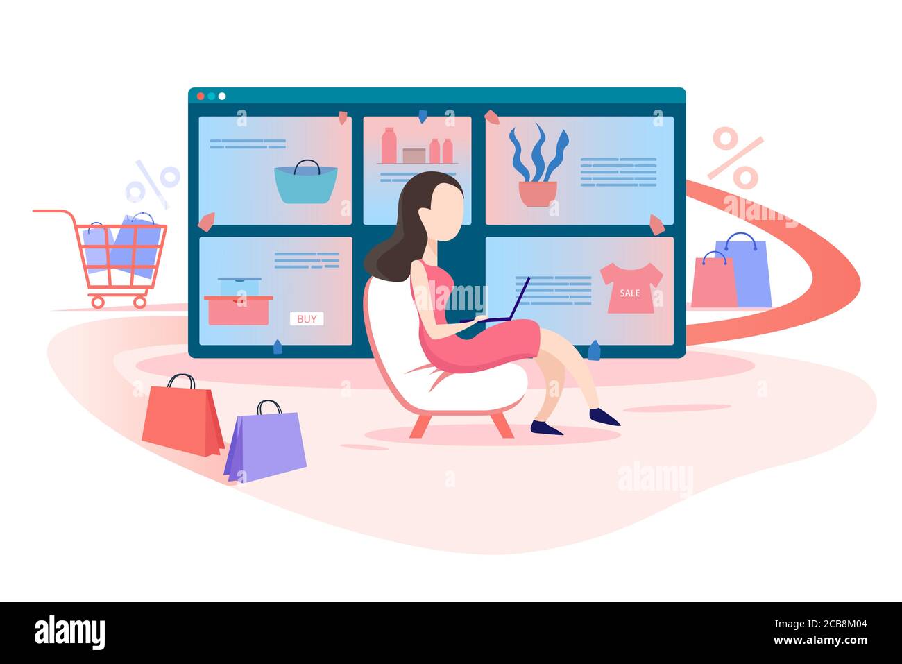 Online-Shopping flache Vektor-Illustration. Käufer mit Laptop, Kauf von Produkten in Internet-Shops isoliert Clipart auf weißem Hintergrund. Frau sucht Verkäufe und Rabatte online Cartoon Charakter Stock Vektor