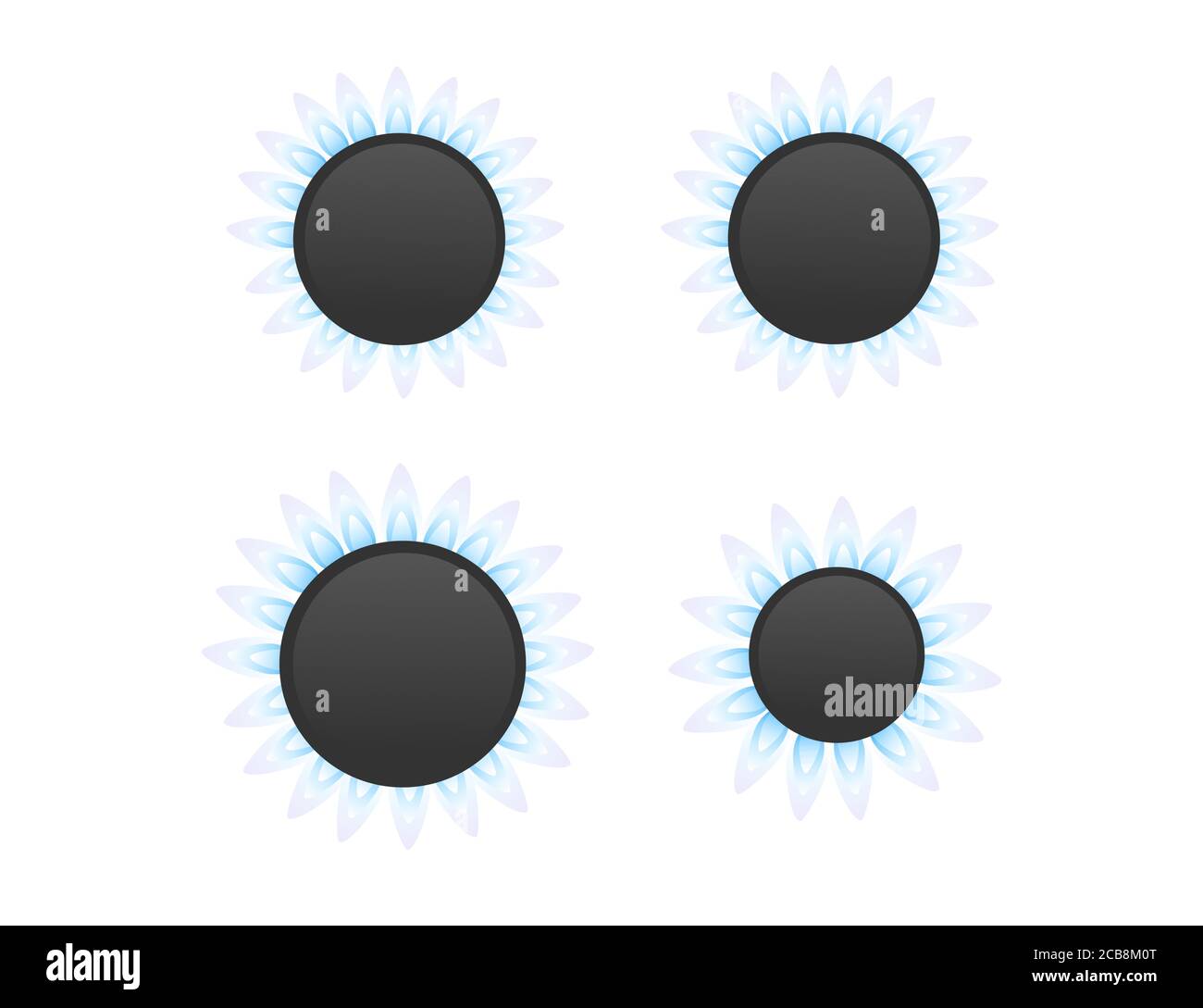 Set von vier Gasherd Küche Brenner niedrig Mitte und Abbildung des flachen Vektorgrafiks mit hohem Gaspegel, isoliert auf Weiß Hintergrund Stock Vektor
