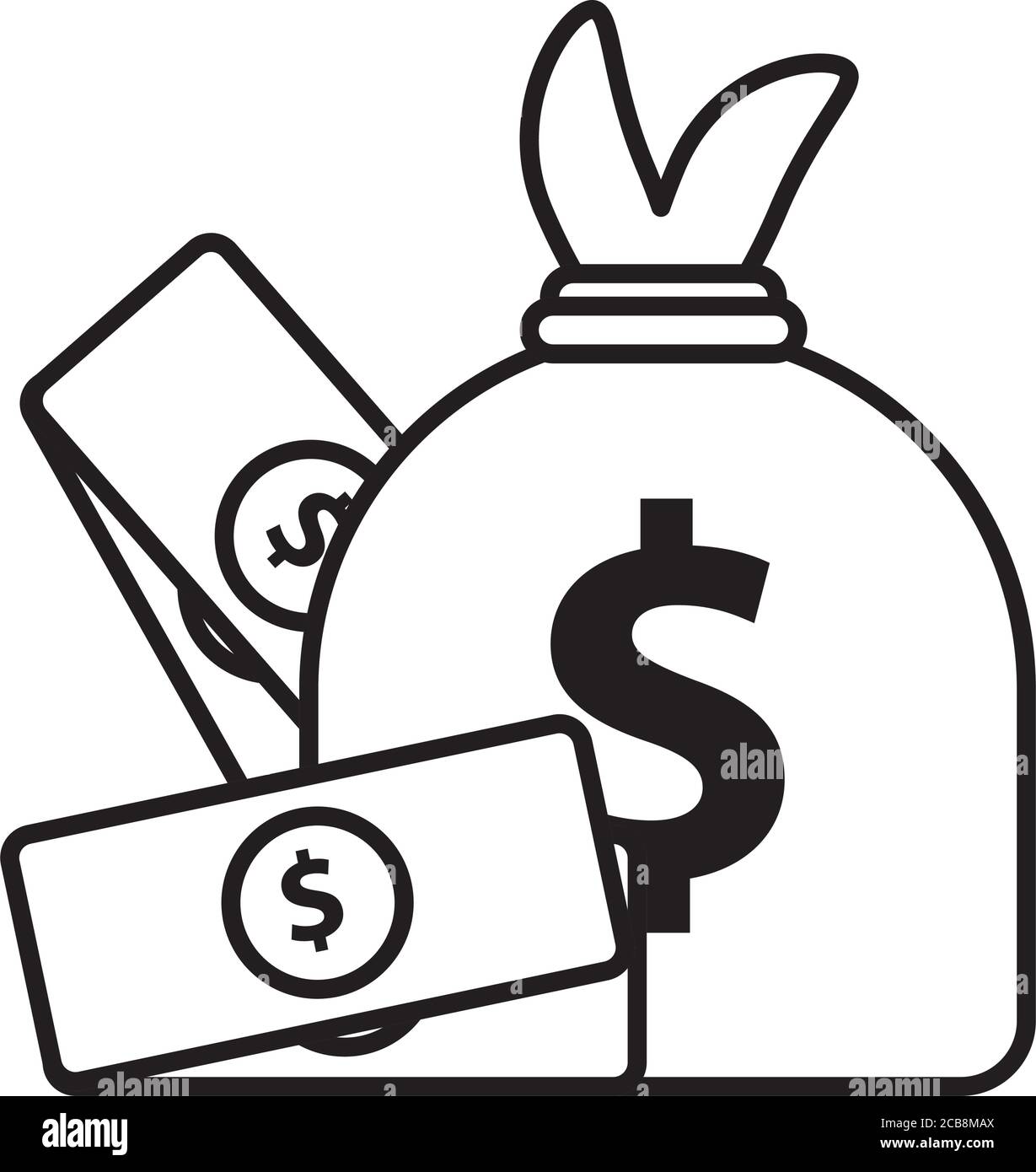 Tasche mit Rechnungen Geld Dollar Linie Stil Symbol Vektor Illustration Design Stock Vektor