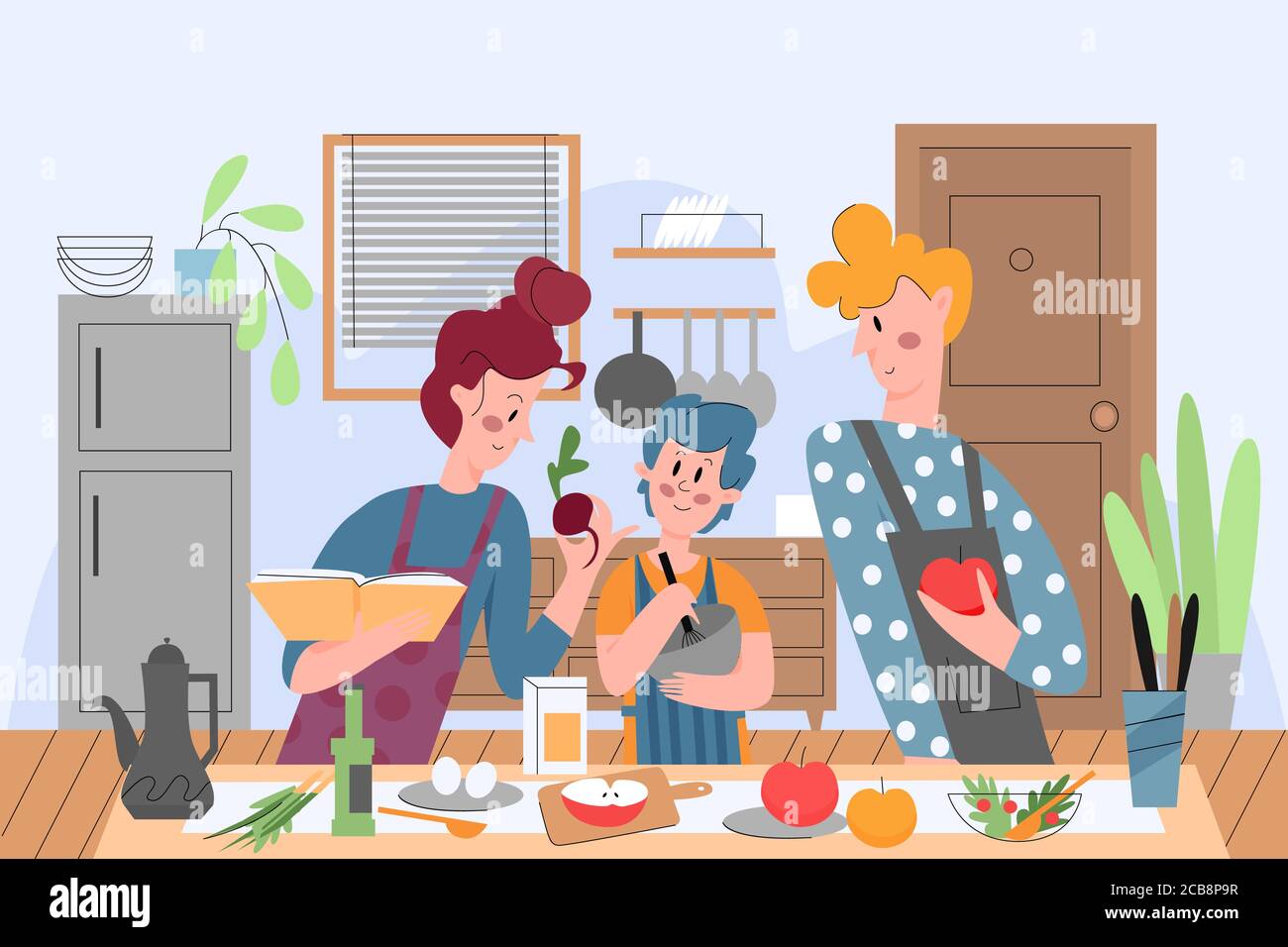 Familie Kochen, Menschen in der Küche Vektor-Illustration. Eltern und Sohn bereiten Abendessen zusammen, Mutter und Vater lehren Kind zu kochen Lebensmittel flache Charaktere. Urlaub, Erholung, Familienfreizeit Stock Vektor