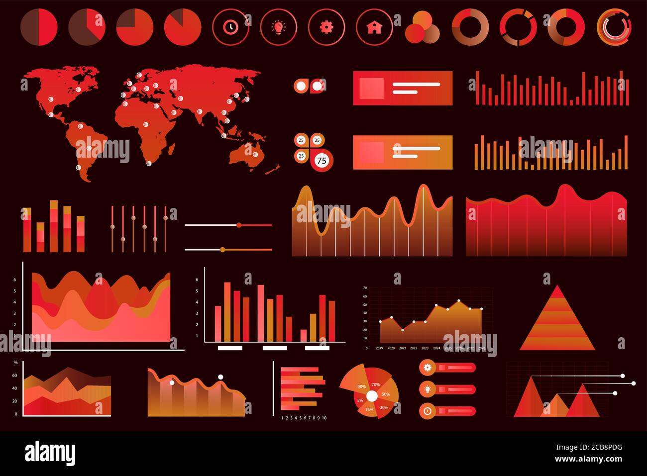 Bildschirm mit verschiedenen Vektorgrafiken, Diagrammen und Diagrammen. Rote Neonfarbe futuristische ui Infografiken auf dunklem Hintergrund. High-Tech-Panel, interaktive Grafik Vektor Illustration Stock Vektor