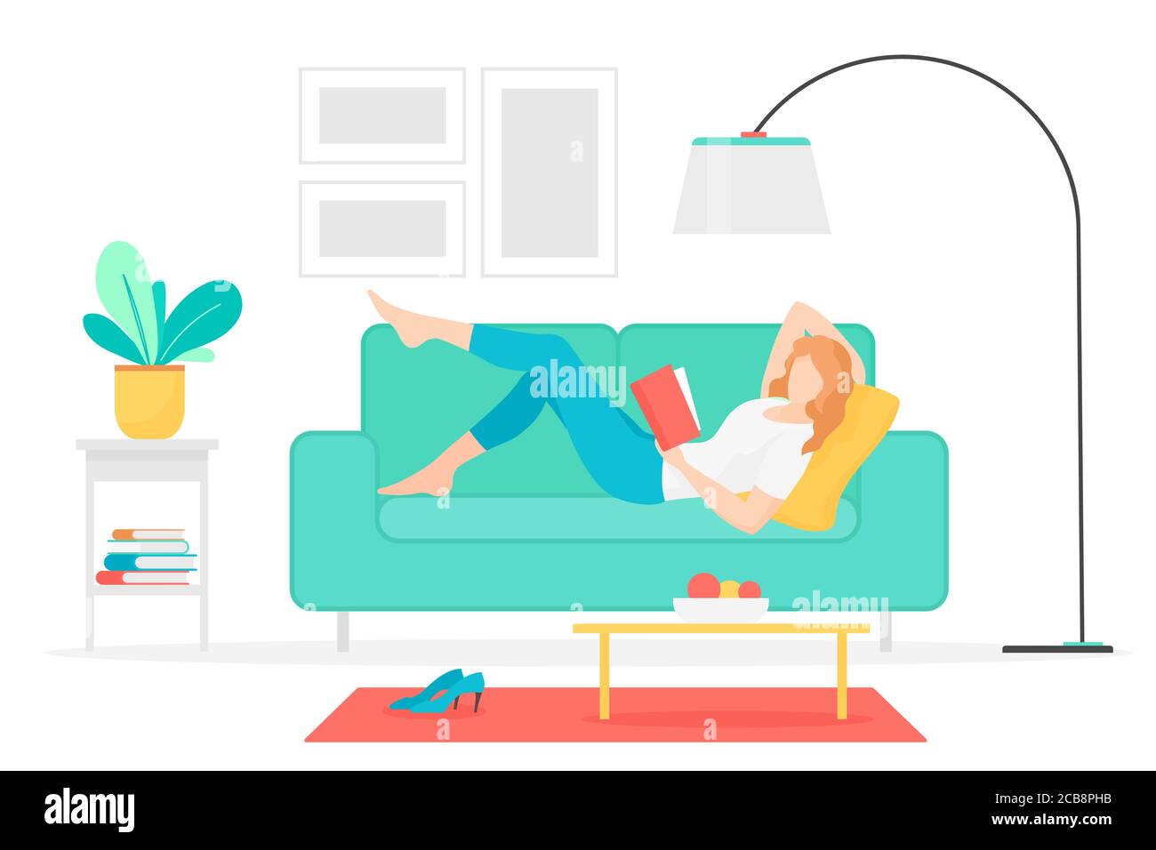 Frau liest Buch flach Vektor Illustration. Junge Dame liegt auf der Couch mit interessanten Roman Zeichentrickfigur. Studentin, die zu Hause studiert. Literatur Hobby, intellektuelle Freizeitbeschäftigung Stock Vektor