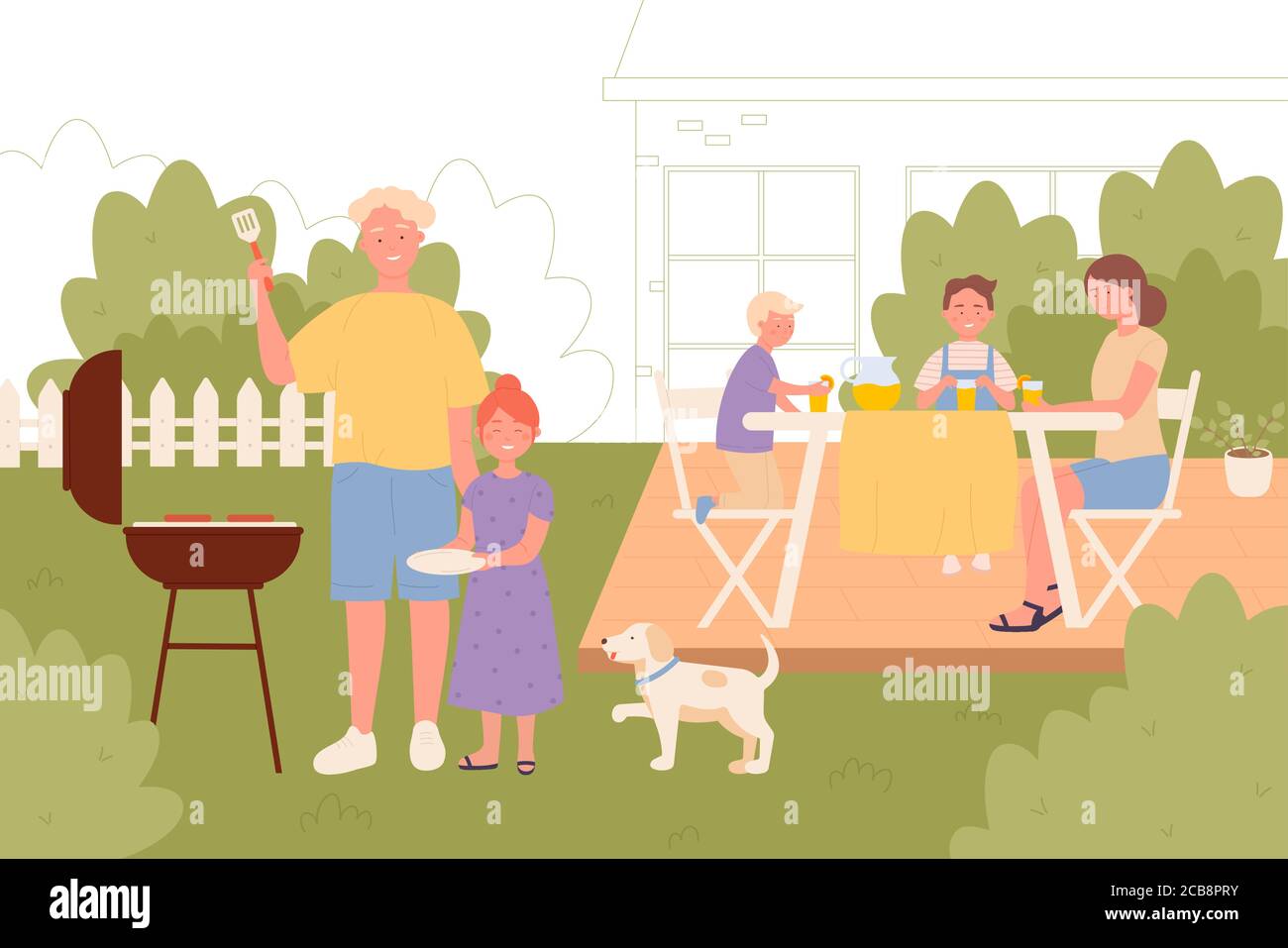 Familie auf Picknick-Vektor-Illustration. Kinder und Eltern, die draußen ruhen, Familienmitglieder, die zusammen flache Charaktere nachbilden. Sommer Garten Freizeit, Grill. Stock Vektor