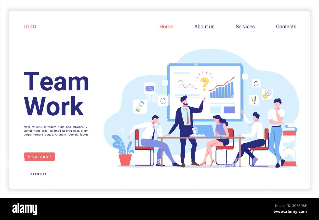 Landing Page-Vorlage von Teamwork Design. Personen, die in einem Team arbeiten und mit Diagrammen interagieren. Diskussion der Unternehmensstrategie. Vektorgrafik für kreative Teams Stock Vektor