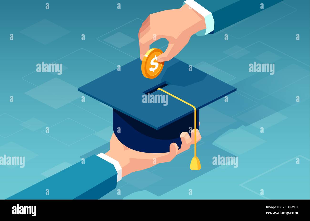 Vektor eines Mannes, der für seine Ausbildung bezahlt, die ein Dollar Münze Kaution in Graduierung Cap Stock Vektor