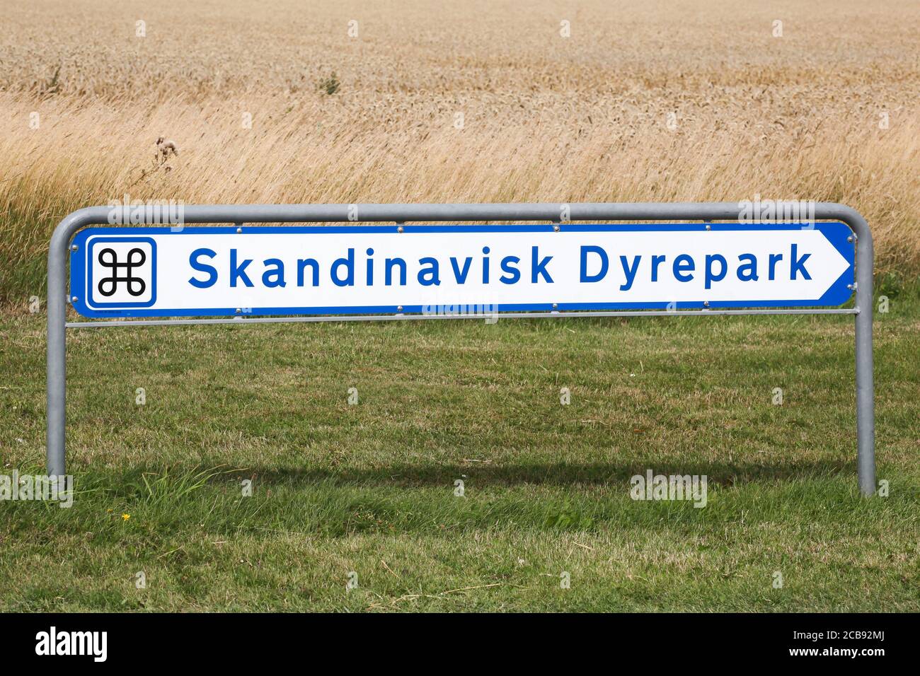 Kolind, Dänemark - 6. August 2020: Skandinavischer Wildpark Straßenschild genannt Skandinavisk Dyrepark in dänischer Sprache Stockfoto
