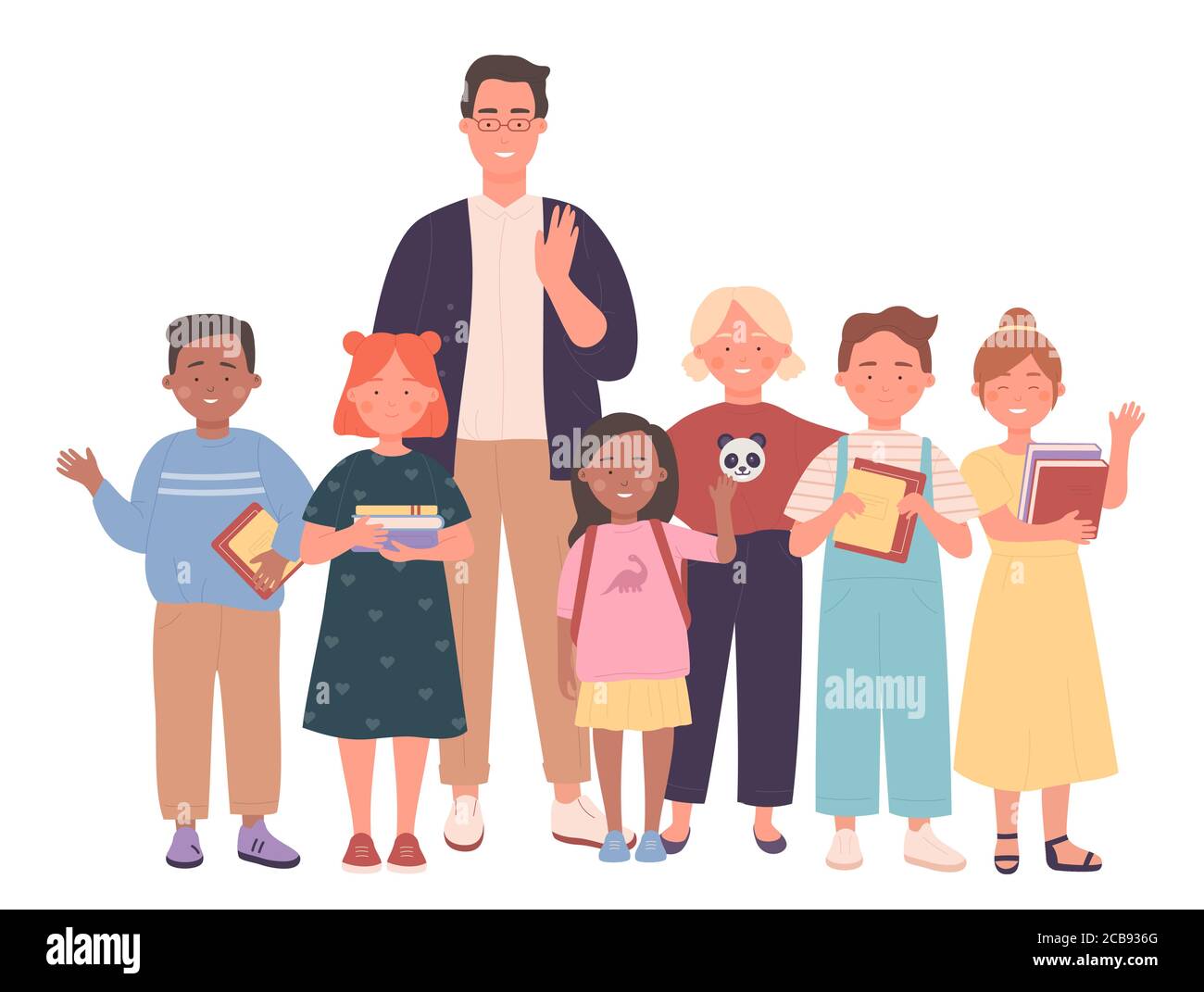 Männliche Lehrer und Kinder Vektor-Illustration. Pädagogen und Schüler, lächelnde Erwachsene und Schüler flache Charaktere. Lerngruppe, Klassenfoto, Mann Erzieher mit Kindern, Lernende und Lehrpersonal Stock Vektor