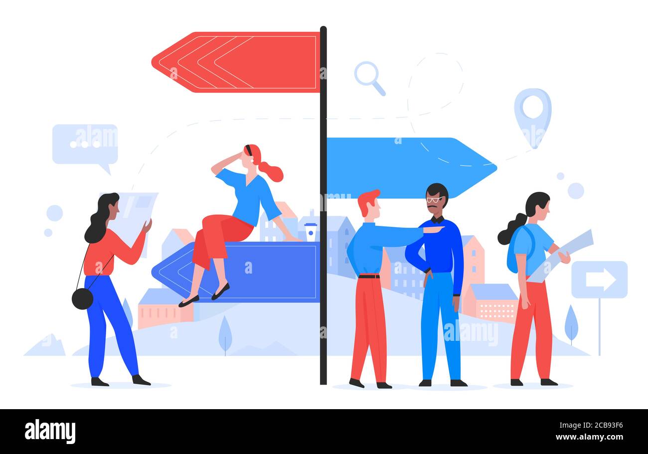Wählen Sie die Vektorgrafik für das Konzept „Weg“. Cartoon flache Menschen stehen an der Kreuzung neben Wegweiser Führer mit Pfeilen, die Wahl des Pfades für zukünftige Leistungen, Charakter die Wahl der richtigen Weg Stock Vektor