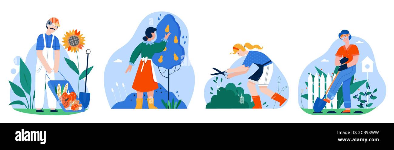 Menschen arbeiten in Garten Vektor Illustration. Cartoon Landwirt Mann oder Frau Charakter Ernte, Arbeiter Gärtner arbeiten in Bio-Bauernhof, flache Gartenarbeit Hobby Aktivität Icon-Set isoliert auf weiß Stock Vektor