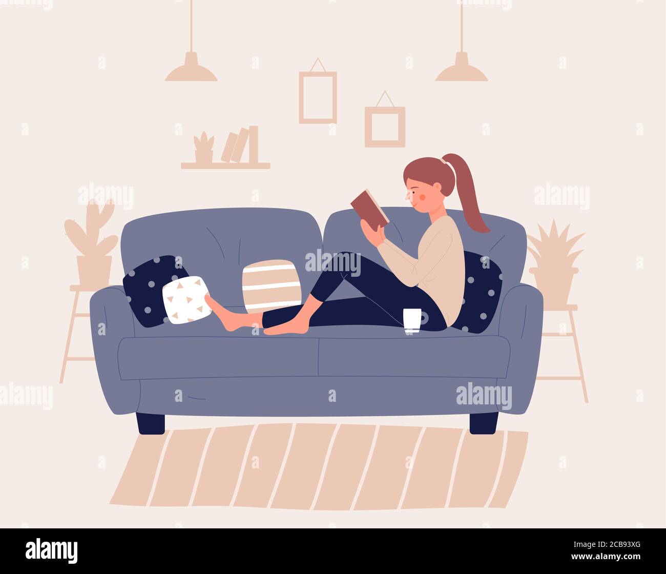 Mädchen sitzt auf Sofa oder Couch mit Kissen und Buch lesen. Junge Frau, die in gemütlicher Atmosphäre ihres Zimmers, ihrer Wohnung, ihres Heims ruht. Entspannen Konzept Charakter flach Design Vektor Illustration, modernen Lebensstil Stock Vektor