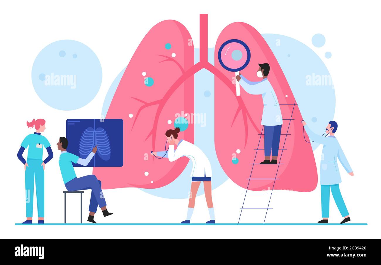 Ärzte Wissenschaftler Menschen im Labor erforscht Lunge Organ Gesundheit medizinisches Konzept flache Vektor Illustration. Pneumologie, bestimmen Diagnose, Behandlung von Krankheiten. Interne Organinspektion Stock Vektor