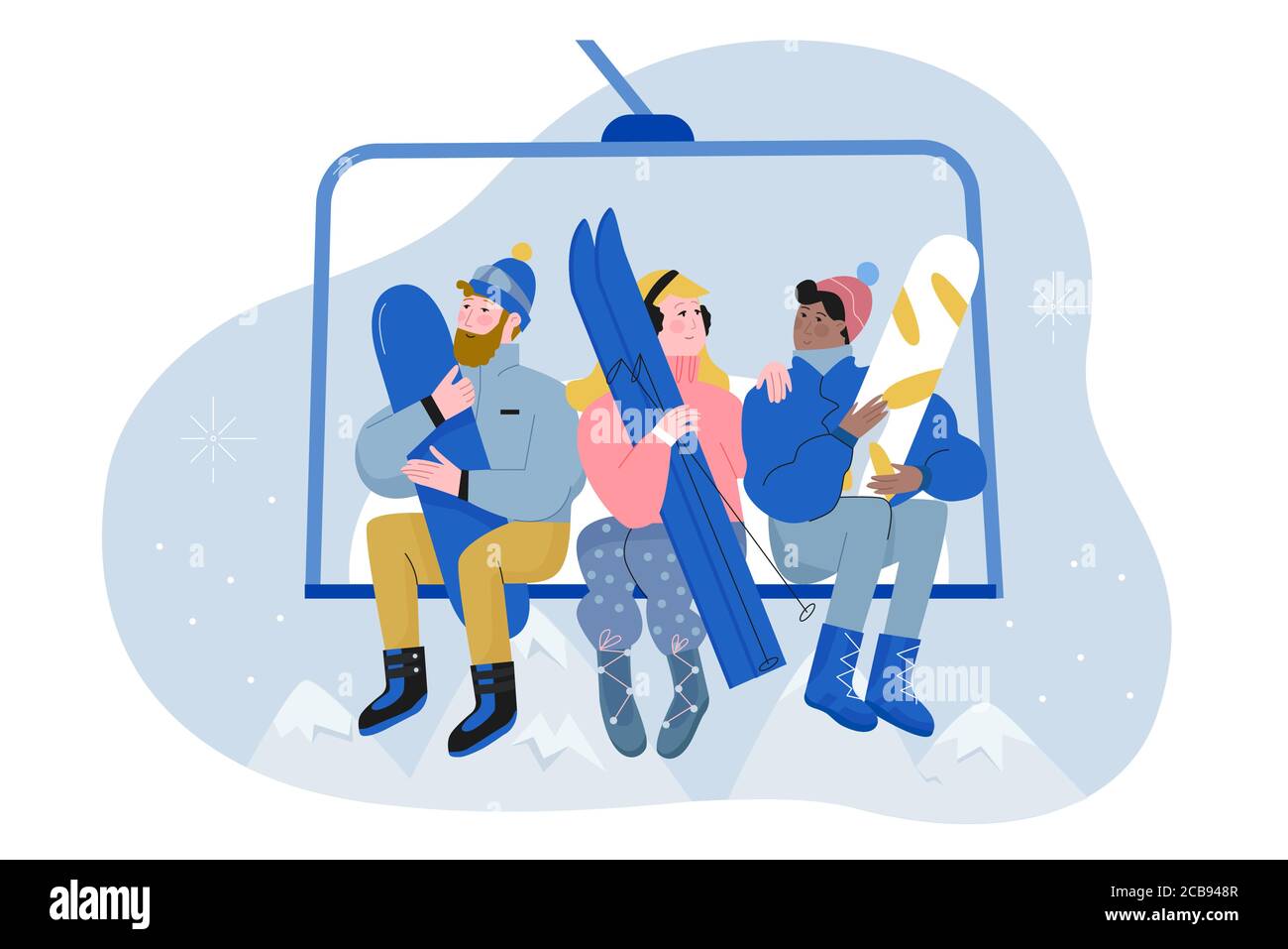 Menschen mit Ski, Snowboard Aufstieg Lift flach Charakter Vektor Illustration. Nette Männer und Frauen in warmen sportlichen Kleidern bis zum Berg zum Skifahren, Snowboarden. Wintertourismus, Resort, Urlaubskonzept Stock Vektor