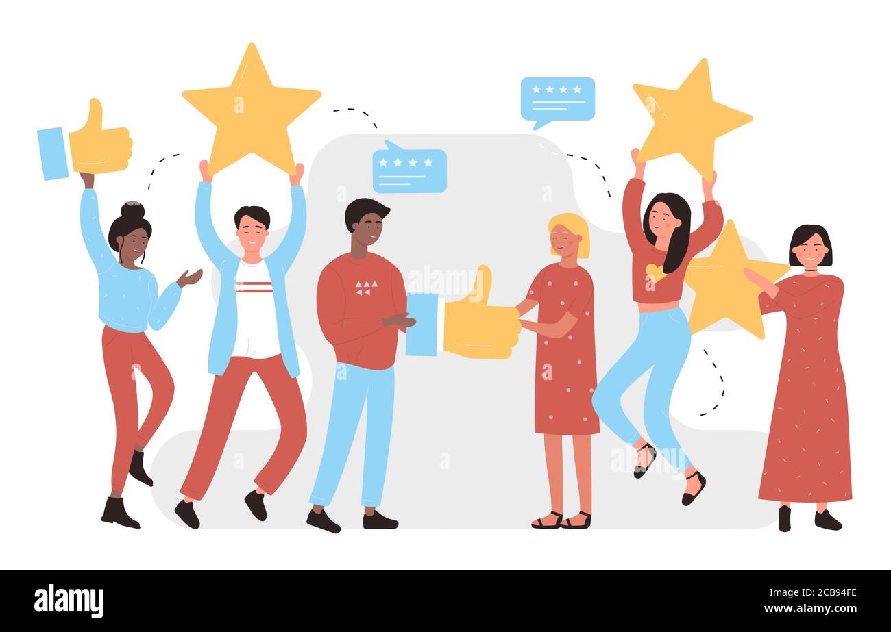 Ich mag es Charakter Konzept flache Vektor Illustration. Social Media Hintergrund, erfolgreiches Online-Geschäft, Feedback, Web. Junge lächelnde Menschen mit Symbolen Symbole für Bewertung post. Stock Vektor