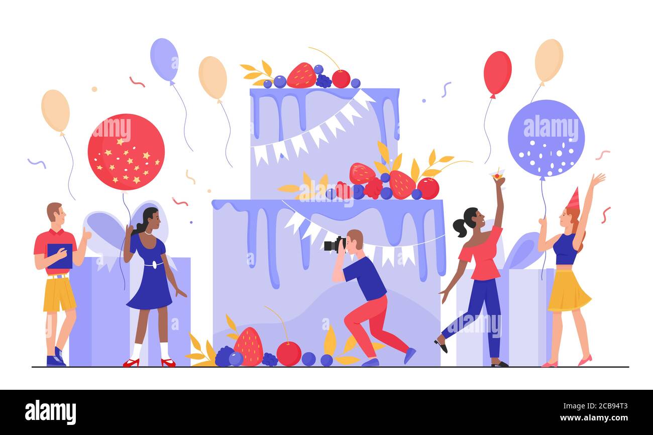 Menschen in Geburtstagsparty Vektor Illustration. Cartoon winzige flache Mann Frau Charaktere haben Spaß zusammen, glückliche Freunde feiern geburtstag bei großen Geschenk Kuchen, Jubiläumsfeier isoliert auf weiß Stock Vektor