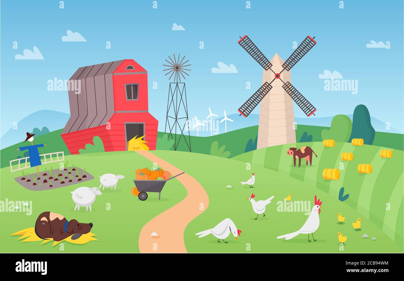 Cartoon Bauernhof ländliche Landschaft Vektor Illustration. Comic flache Sommer Ackerland Feld mit trockenen Heuhaufen, grasenden niedlichen Kühen Schafe, Scheune Haus und Huhn im Dorf. Landschaft Natur Fantasie Hintergrund Stock Vektor