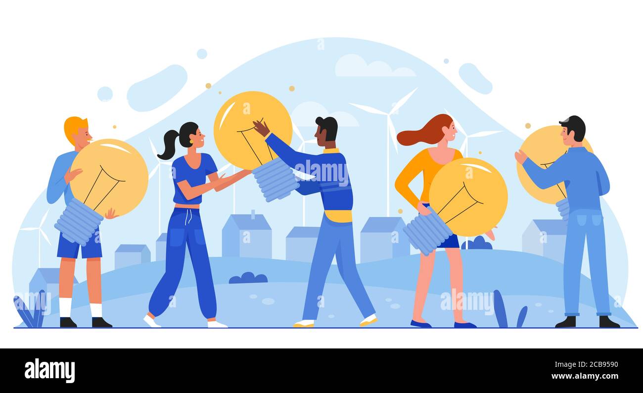 Energiesparmodus eco Konzept flache Vektor-Illustration. Cartoon winzige Menschen halten Glühbirnen in den Händen, sparen Wirtschaft und Ökologie. Freundliche Umwelt Innovation Home grünes Ökosystem isoliert auf weiß Stock Vektor