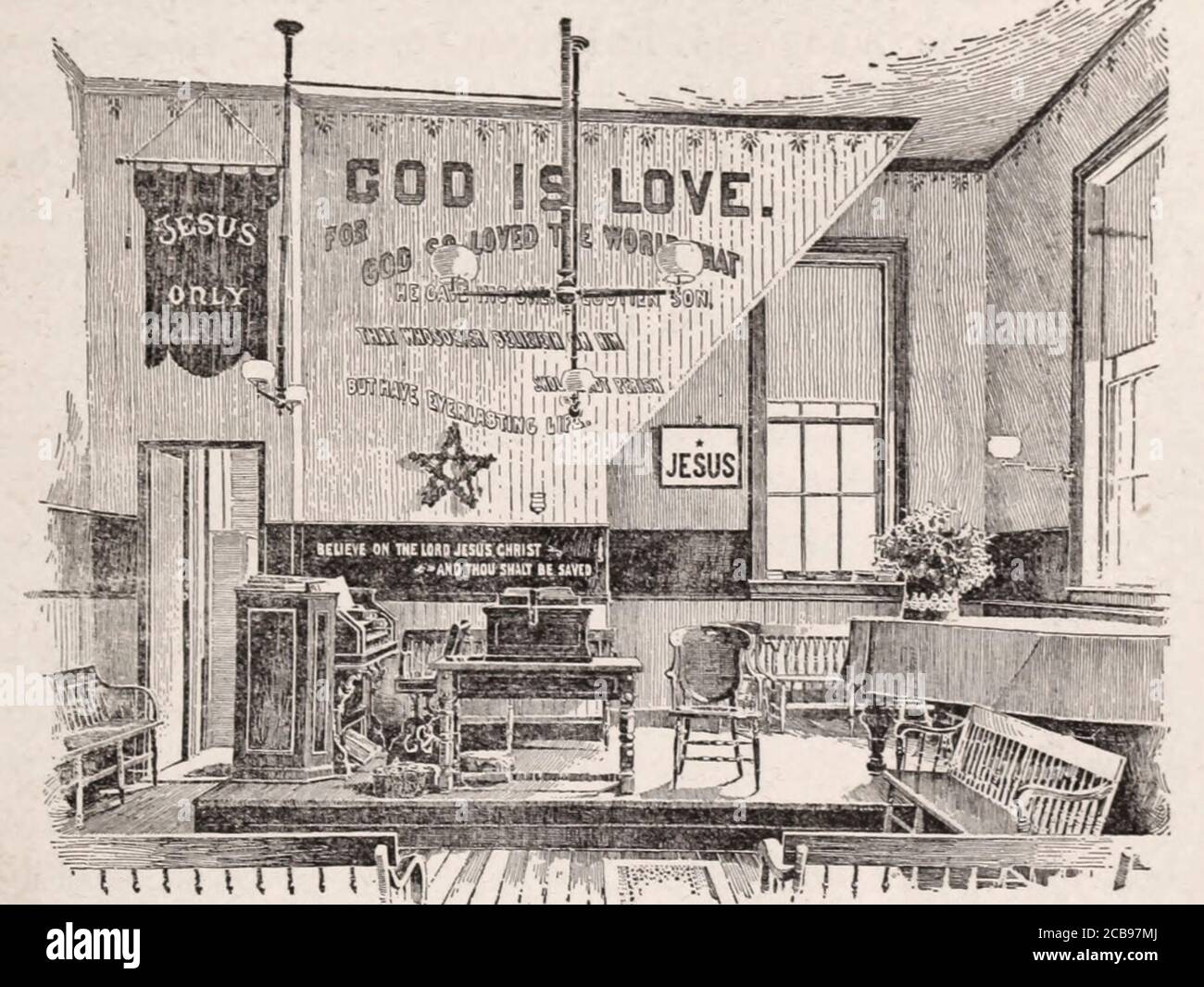 Die Plattform mit Blick auf das Publikum im Water Street Mission Room in New York City, um 1890 Stockfoto