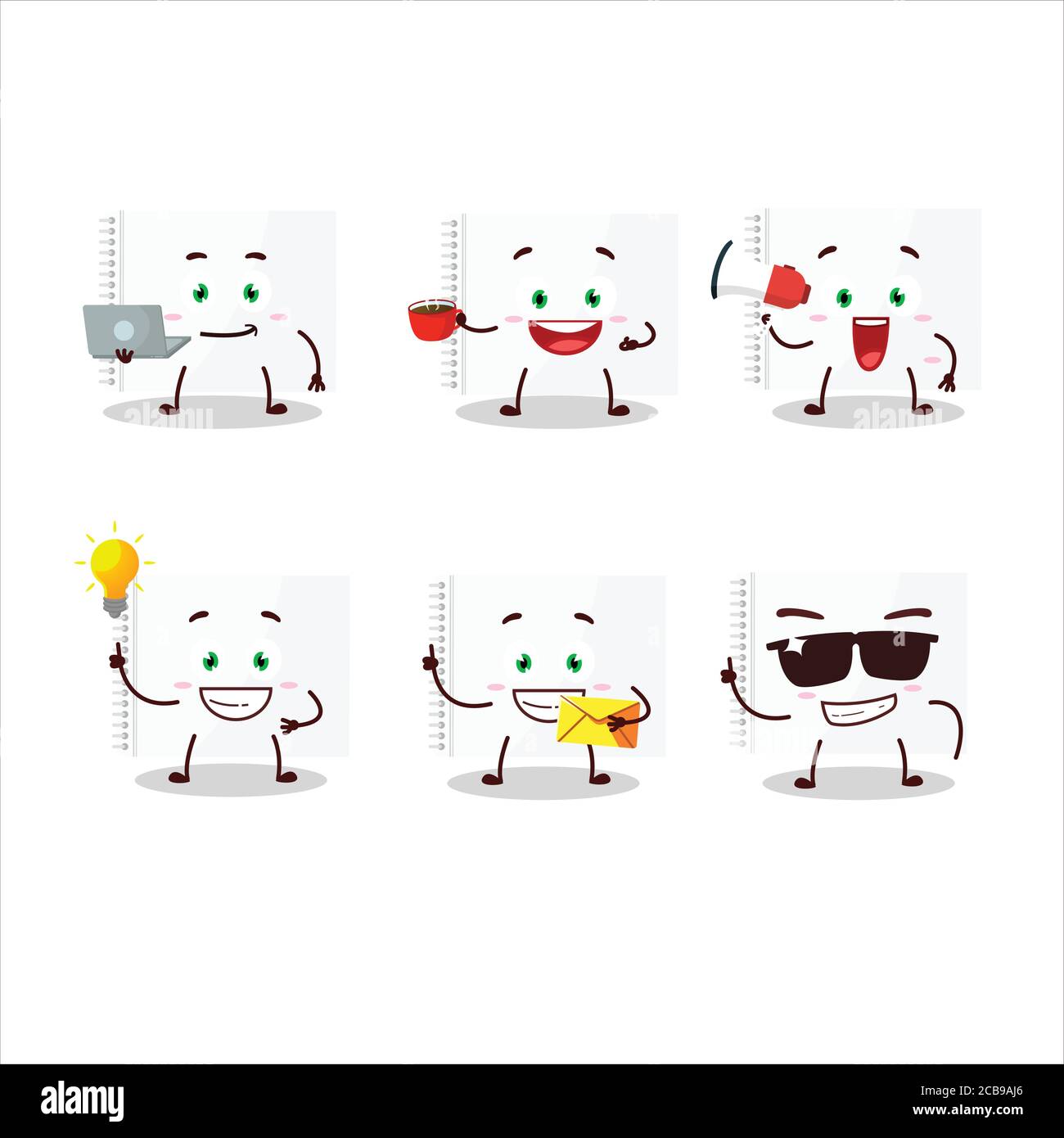 Zeichnungsbuch Zeichentrickfigur mit verschiedenen Arten von Geschäft Emoticons Stock Vektor