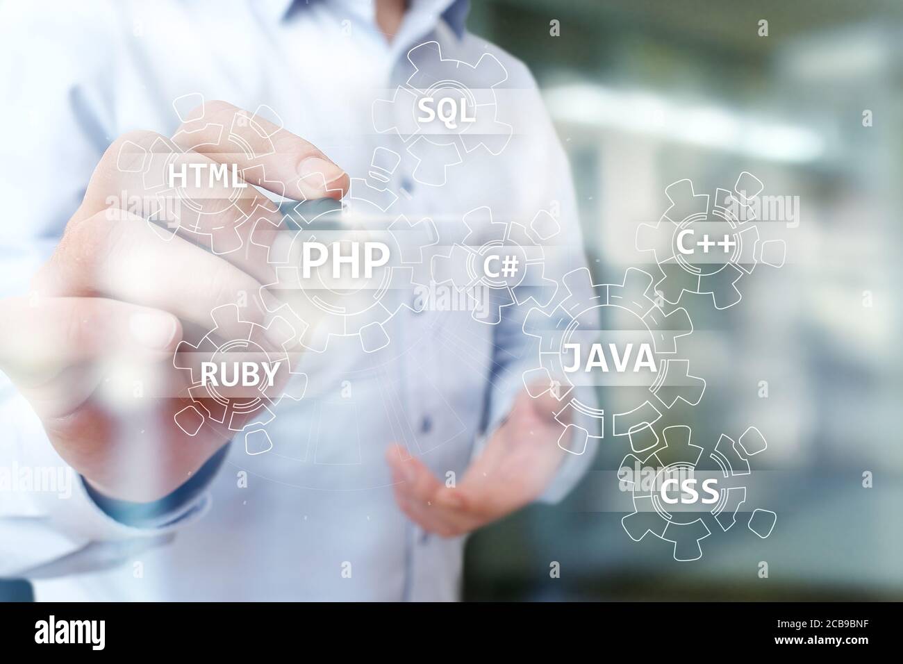 Konzept der Webentwicklungstools auf virtuellem Bildschirm. Programmiersprache und Skripte. PHP, SQL, HTML, Java und andere Stockfoto