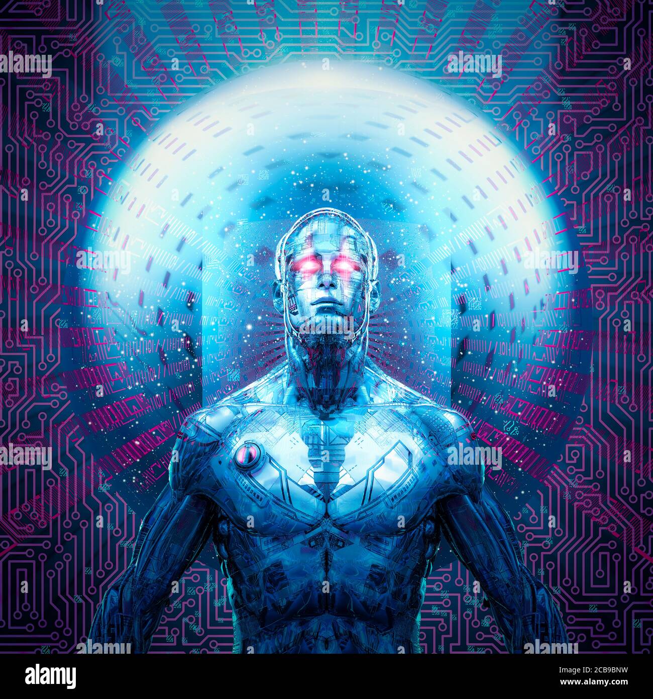 Raum Zeit Singularität Cyborg / 3D-Illustration von humanoiden Roboter Im Inneren glühenden digitalen Portal zum Universum Stockfoto