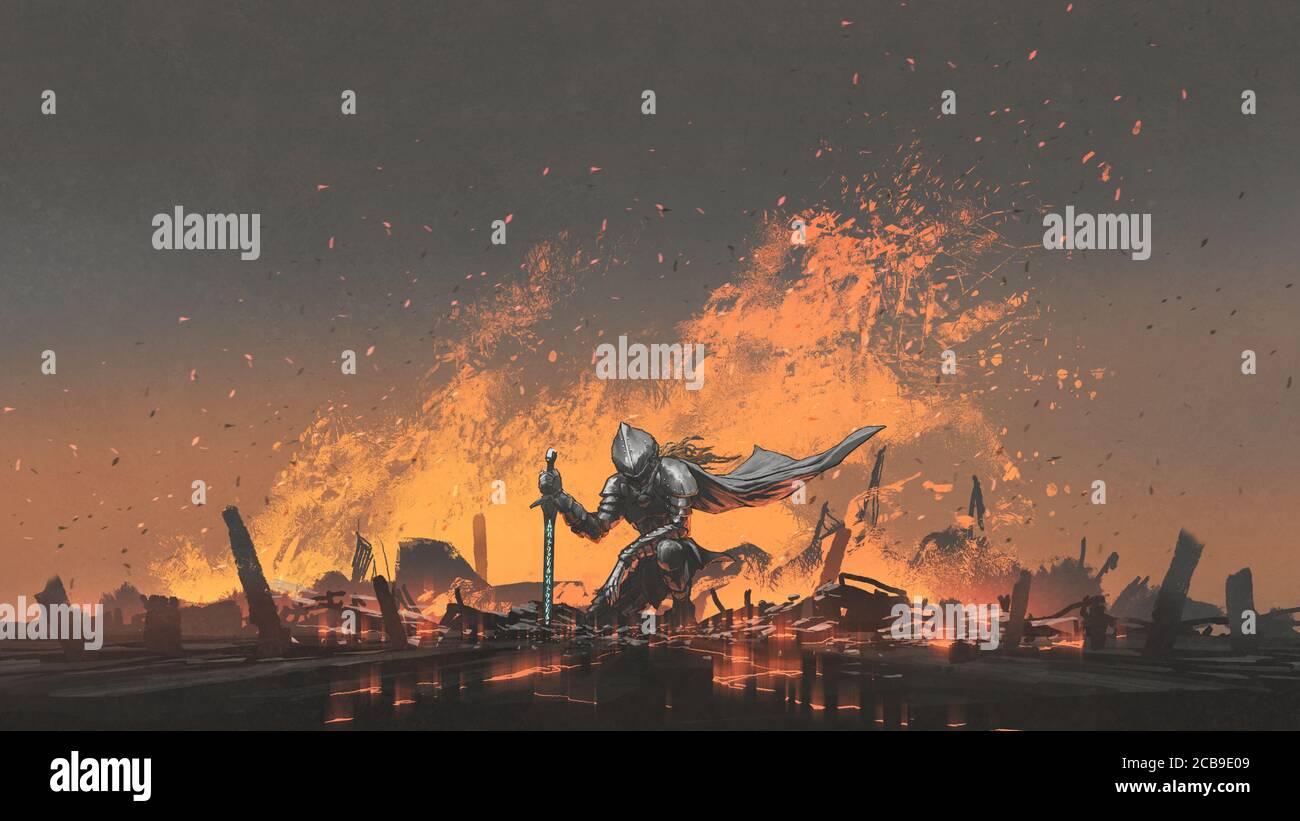 ritter mit dem magischen Schwert auf dem Feuer sitzen, digitale Kunst Stil, Illustration Malerei Stockfoto