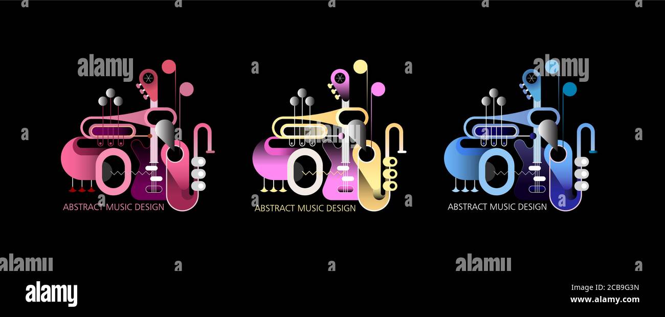 Drei verschiedene farbige Designs isoliert auf einem schwarzen Hintergrund Konzept Musik Komposition. Vektorgrafik mit Gitarre, Saxophon und Trompeten. Stock Vektor