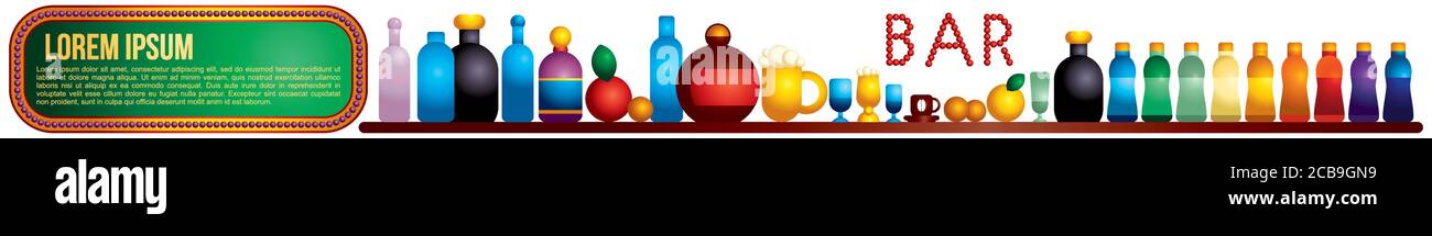 Theke mit Alkoholflaschen. Trinkeinrichtung. Alkoholische Getränke Flaschen Große Vektor-Set Stock Vektor