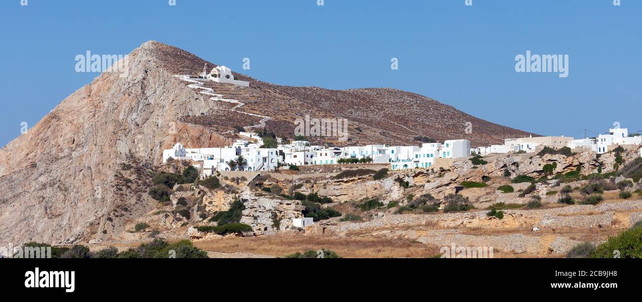 Blick auf Chora Dorf, Folegandros Insel, Kykladen, Griechenland. Stockfoto