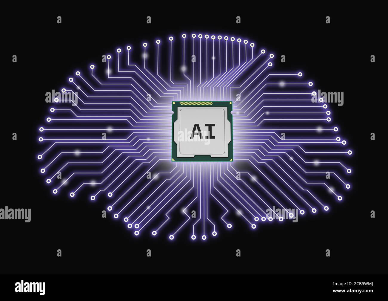 AI künstliche Intelligenz CPU Gehirn Leiterplatte Mikroprozessor 3D-Illustration Stockfoto