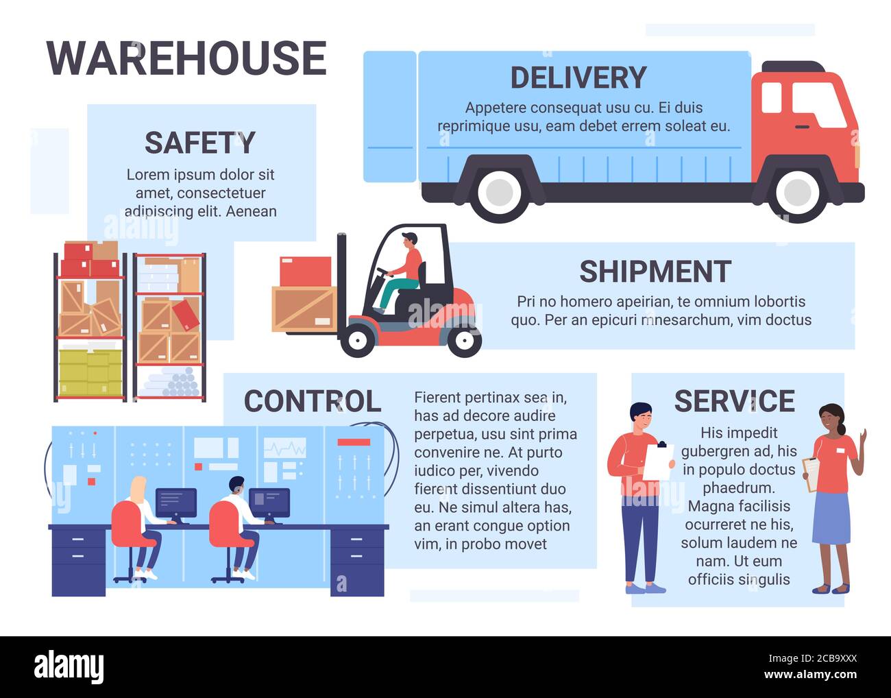 Infografik zur Logistik von Lagerhäusern Vektor-Illustration. Cartoon flache Arbeitsprozess der Lagergesellschaft mit Kontrolle über das Laden und die Lieferung von Kartons mit Waren, Sicherheit von Paketen Hintergrund Stock Vektor