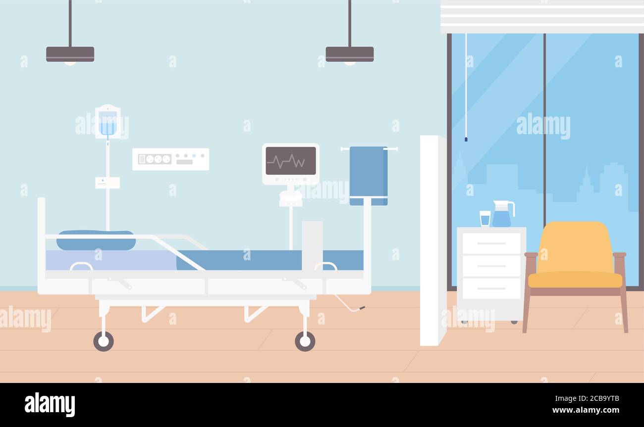 Vektorgrafik Innenraum des Krankenhauses. Cartoon leere Station für Patienten Krankenhausaufenthalt mit modernen medizinischen Geräten, Ärzte untersuchen Monitor, Bett und Stuhl. Gesundheitsmedizin Hintergrund Stock Vektor