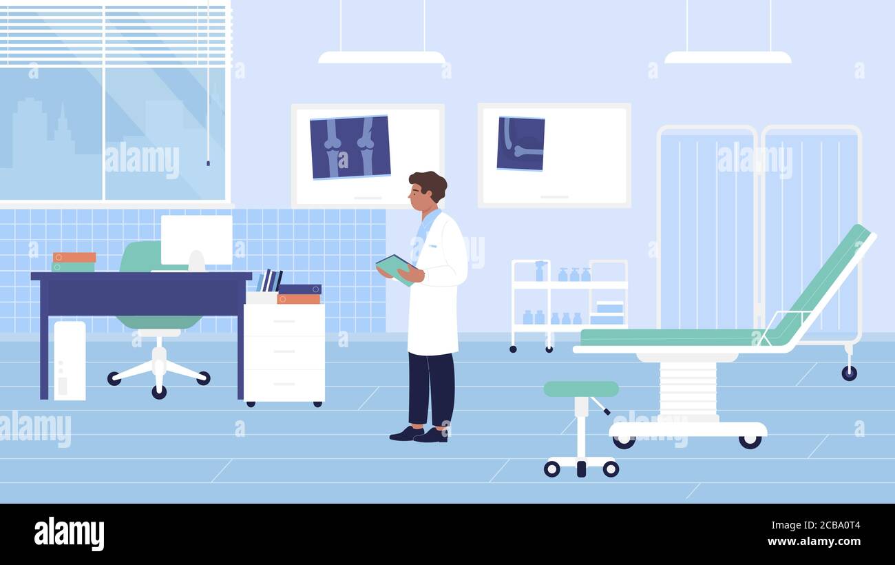 Vektor-Illustration des traumatologischen Raums des Krankenhauses. Cartoon Trauma Chirurgie Zimmer Schrank mit Arzt Traumatologen Charakter, Röntgenbild gebrochenen Knochen, moderne Klinik medizinische Möbel und Ausrüstung Hintergrund Stock Vektor