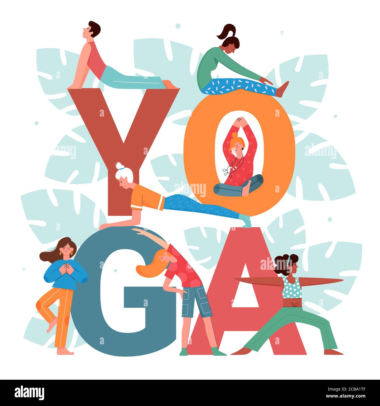 Yoga Aktivität Vektor Illustration Set. Cartoon flache aktive Menschen tun Yogi Asana Pose Praxis, Mann Frau Zeichen Stretching, meditieren neben großen Yoga Wort und Blumenblätter isoliert auf weiß Stock Vektor