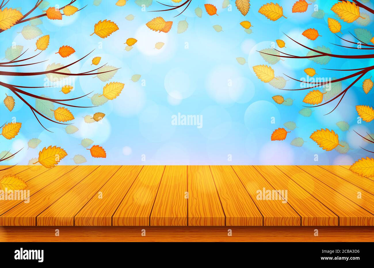 Holztisch mit orangefarbenen Blättern. Herbst Natur Hintergrund. Vektorgrafik Stock Vektor