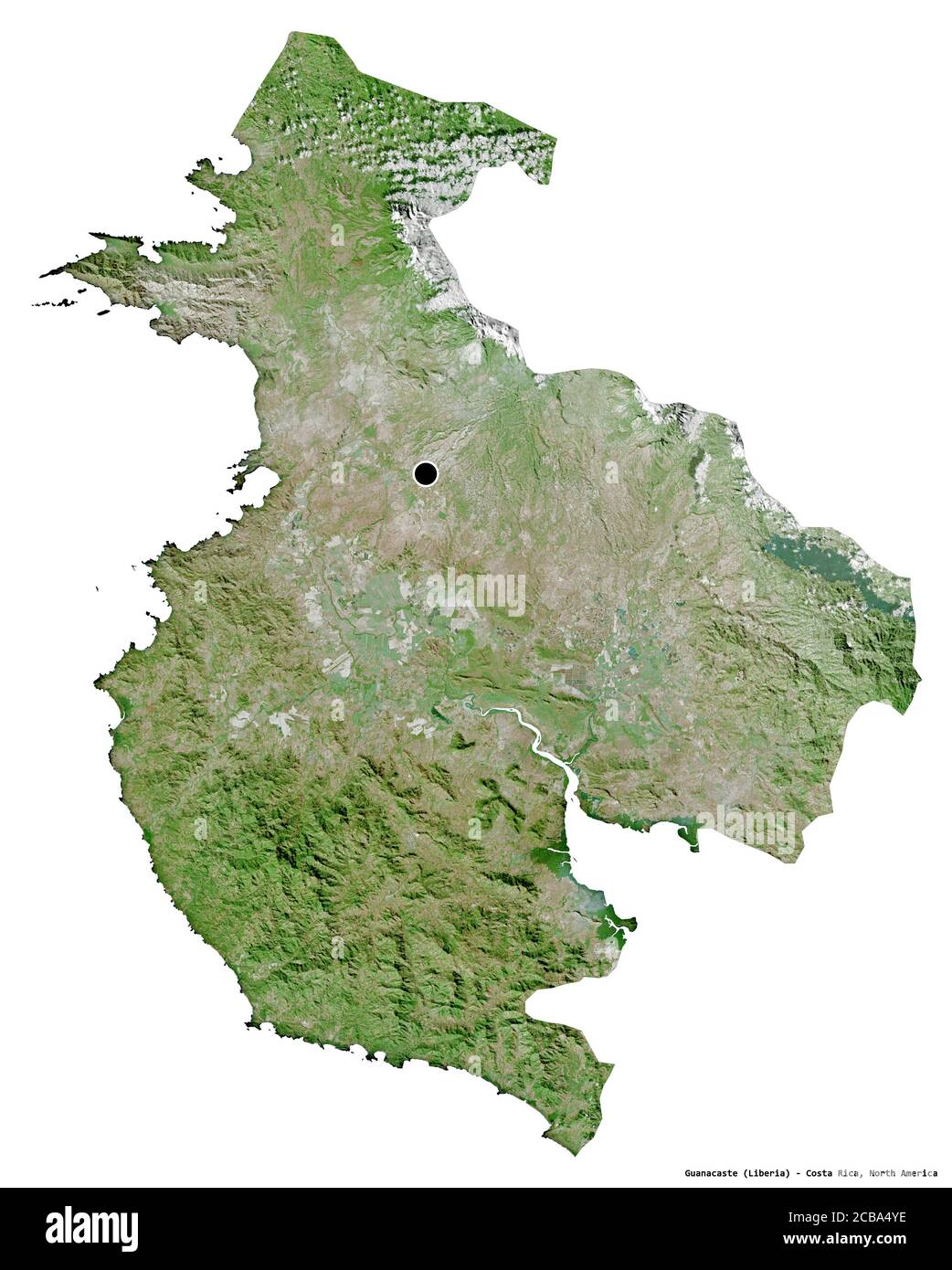 Form von Guanacaste, Provinz Costa Rica, mit seiner Hauptstadt isoliert auf weißem Hintergrund. Satellitenbilder. 3D-Rendering Stockfoto