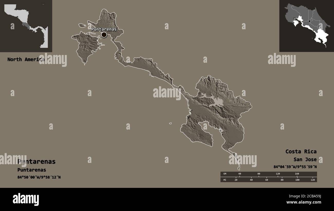 Form von Puntarenas, Provinz Costa Rica, und seine Hauptstadt. Entfernungsskala, Vorschauen und Beschriftungen. Farbige Höhenkarte. 3D-Rendering Stockfoto