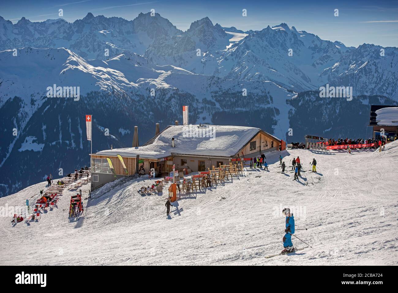 Restaurant le Dahu in der Region La Chaux des Skigebiets Verbier in der Südwestschweiz im Kanton Wallis. Stockfoto