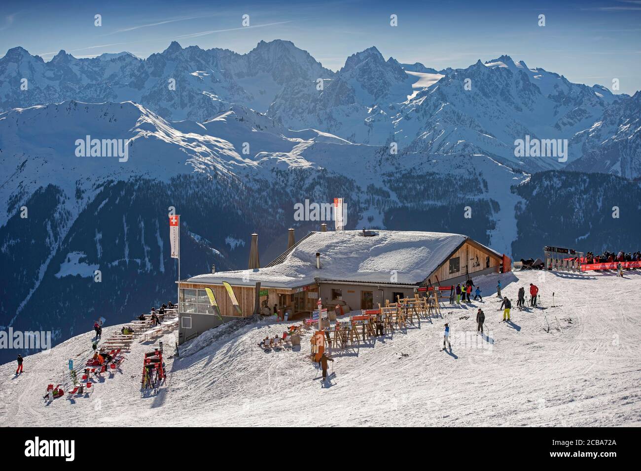 Restaurant le Dahu in der Region La Chaux des Skigebiets Verbier in der Südwestschweiz im Kanton Wallis. Stockfoto