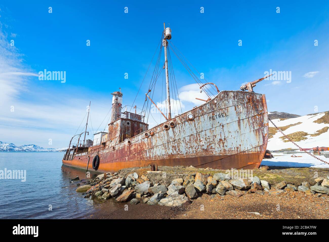 Wrack des whaler-Schiffes Petrel, ehemalige Walfangstation Grytviken, King Edward Cove, Südgeorgien, Südgeorgien und die Sandwich-Inseln, Antarktis Stockfoto