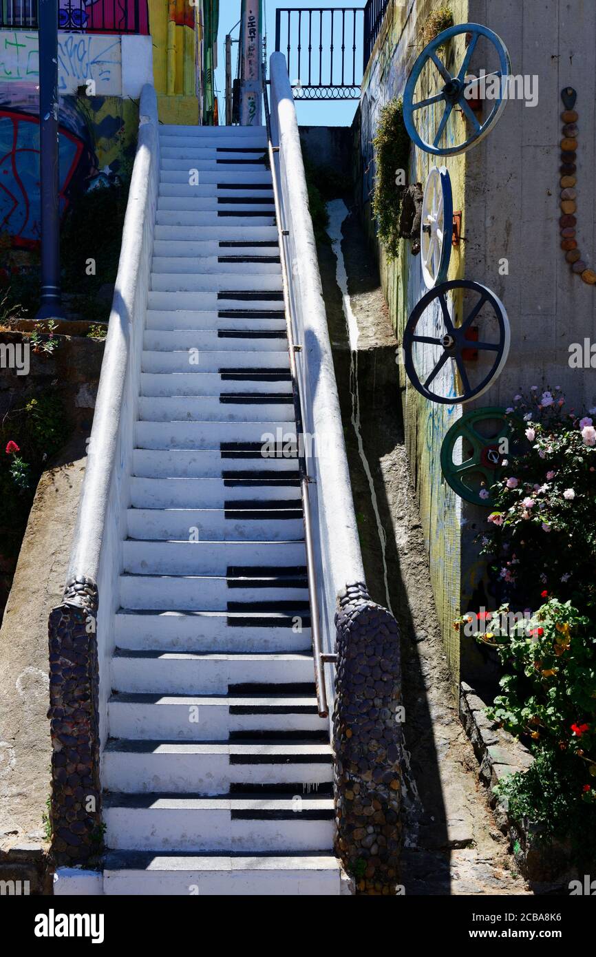 Klavierstair, Cerro Concepcion und Beethoven-Passage, Valparaison, Chile Stockfoto