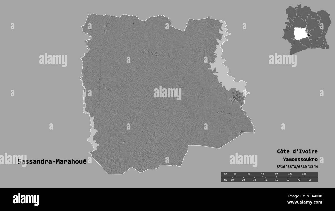 Form von Sassandra-Marahoué, Bezirk von Côte d'Ivoire, mit seiner Hauptstadt isoliert auf festem Hintergrund. Entfernungsskala, Regionenvorschau und Beschriftungen. Galle Stockfoto