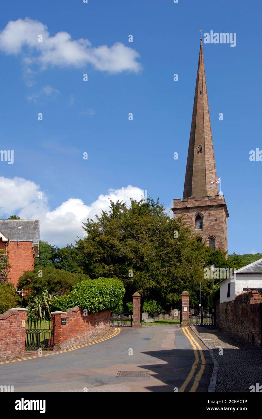 Der Turm der Pfarrkirche St. Michael und alle Engel, Ledbury, Herefordshire, England Stockfoto