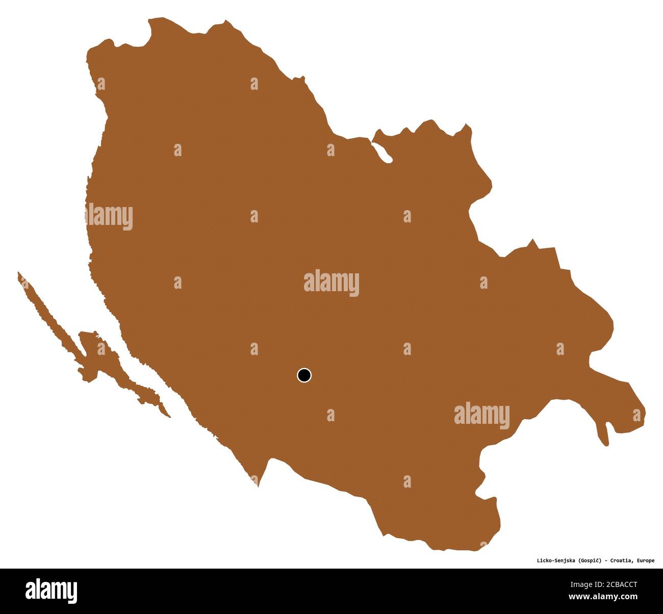 Form von Licko-Senjska, Grafschaft Kroatien, mit seiner Hauptstadt isoliert auf weißem Hintergrund. Komposition von gemusterten Texturen. 3D-Rendering Stockfoto