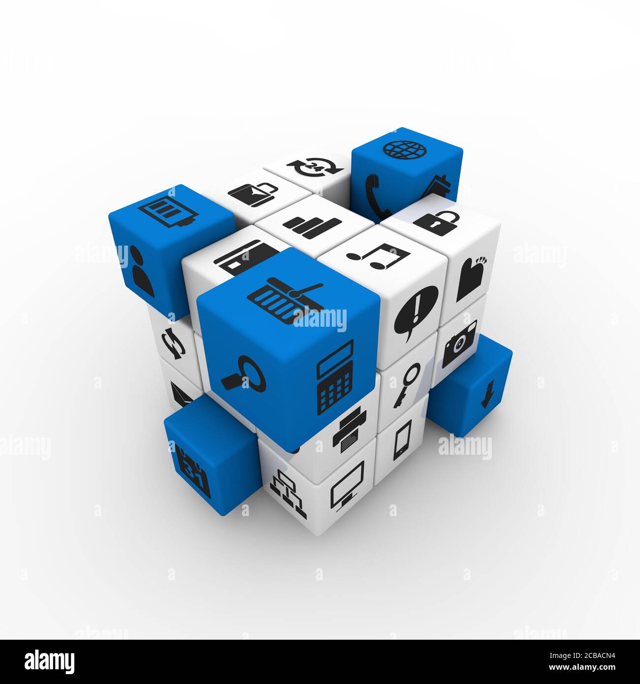 3D Darstellung von blauen und weißen Social-Media-Symbolen auf Ein auf weißem Hintergrund isolierter Würfel Stockfoto
