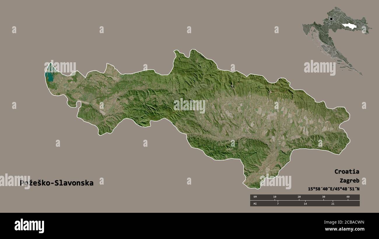 Form von Požeško-Slavonska, Kreis von Kroatien, mit seiner Hauptstadt auf festem Hintergrund isoliert. Entfernungsskala, Regionenvorschau und Beschriftungen. Satelliten-ima Stockfoto